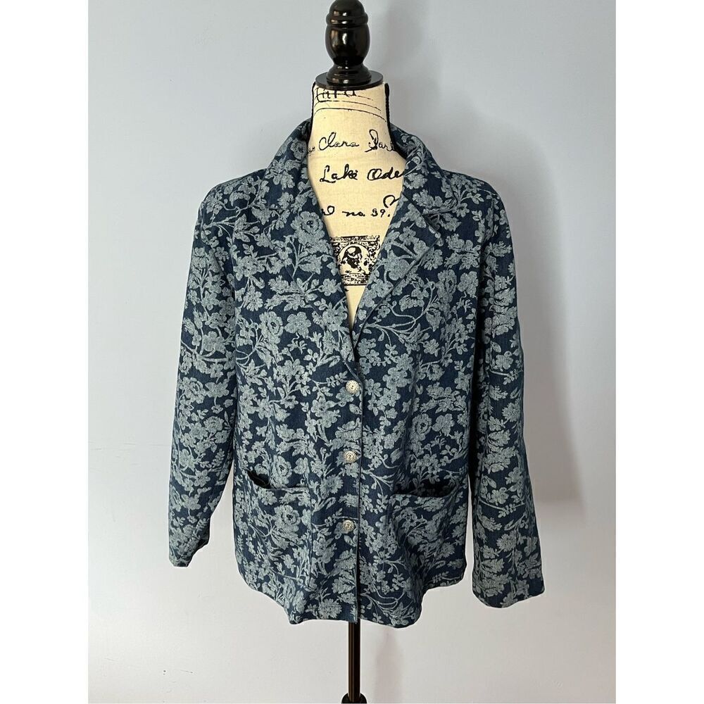 Retro Tudor Court Women’s L Blue Floral Button Up Denim Blazer